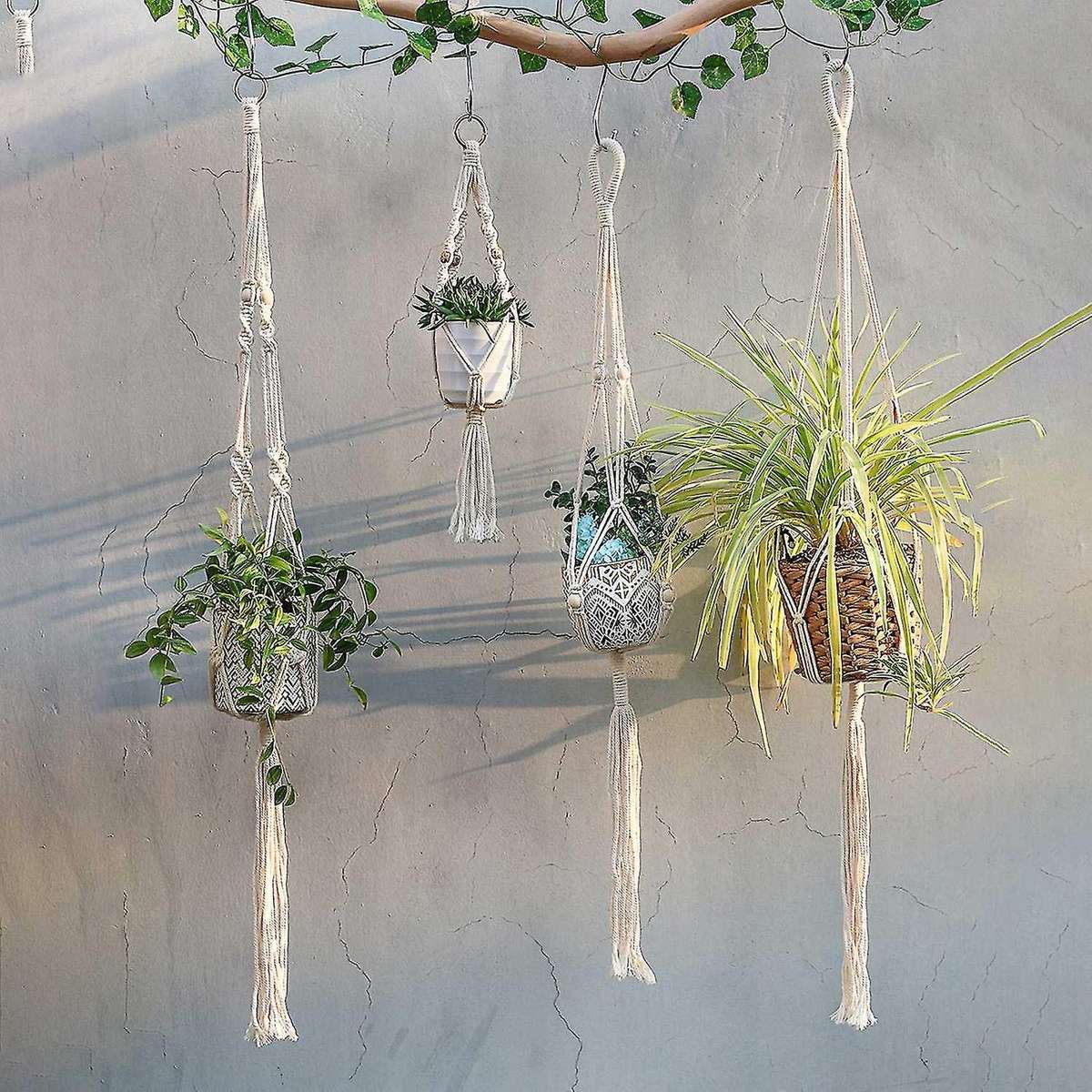 4pcs Handmade Flower Pot Net Bag Braided Home Vintage Decor Plant Hanging Basket Knotted Rope Garde
