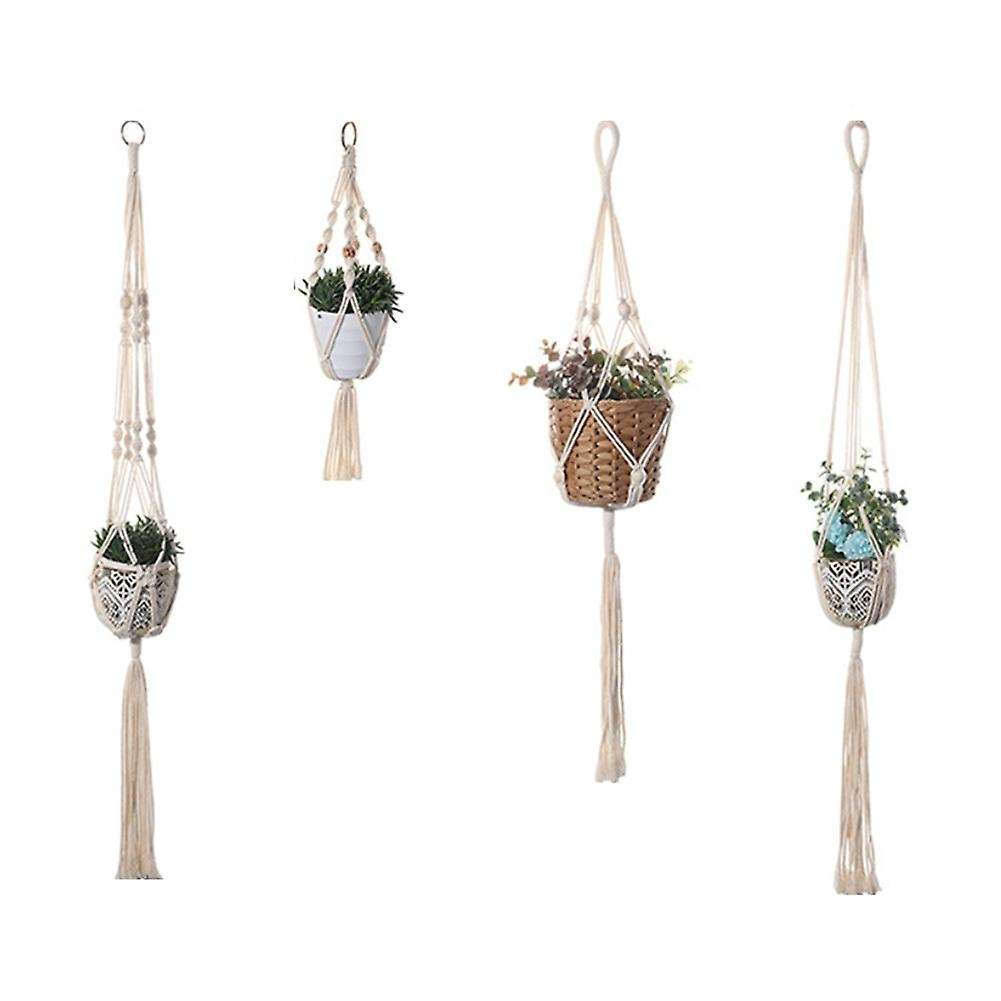 4pcs Handmade Flower Pot Net Bag Braided Home Vintage Decor Plant Hanging Basket Knotted Rope Garde