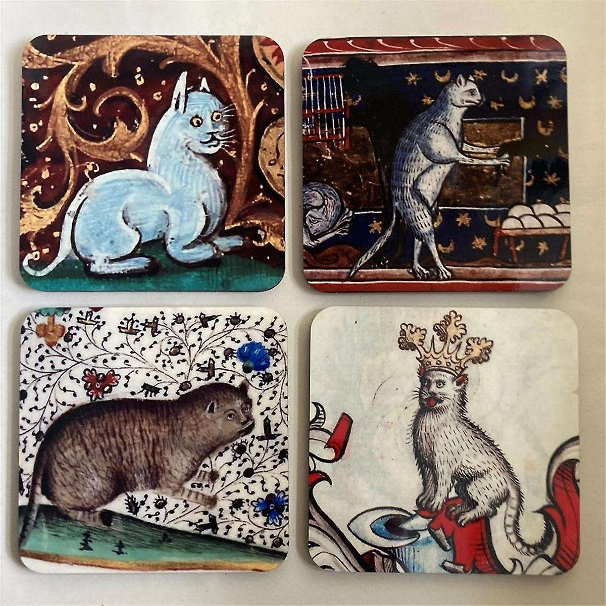 4pcs Medieval Cat Coasters for Drink Set Cat Pattern Round Coasters, Drinking Coasters Cat Coaster