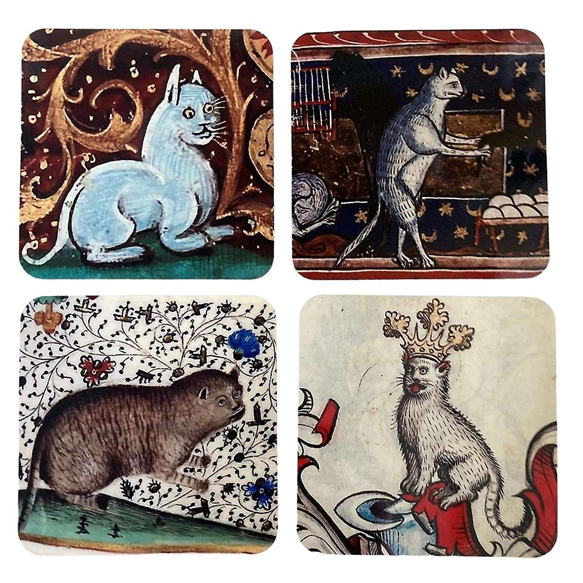 4pcs Medieval Cat Coasters for Drink Set Cat Pattern Round Coasters, Drinking Coasters Cat Coaster