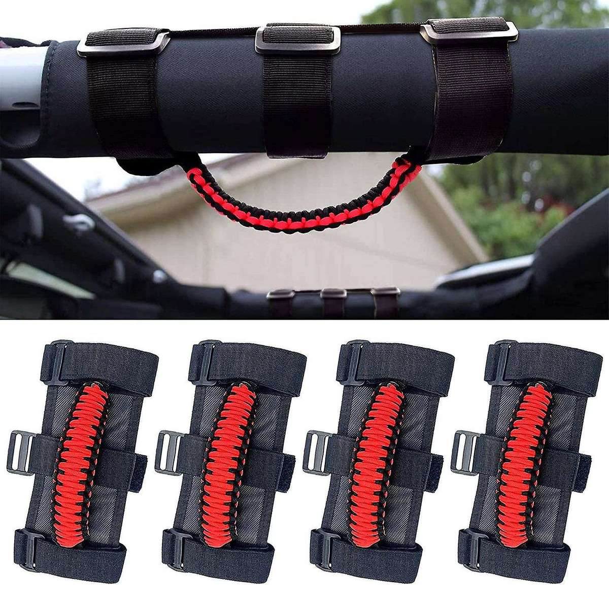 4Pcs/Pack Roll Bar Paracord Grab Handles Grip Handles for JK TJ JL CJ YJ -2021 JT UTV ATV (Red)