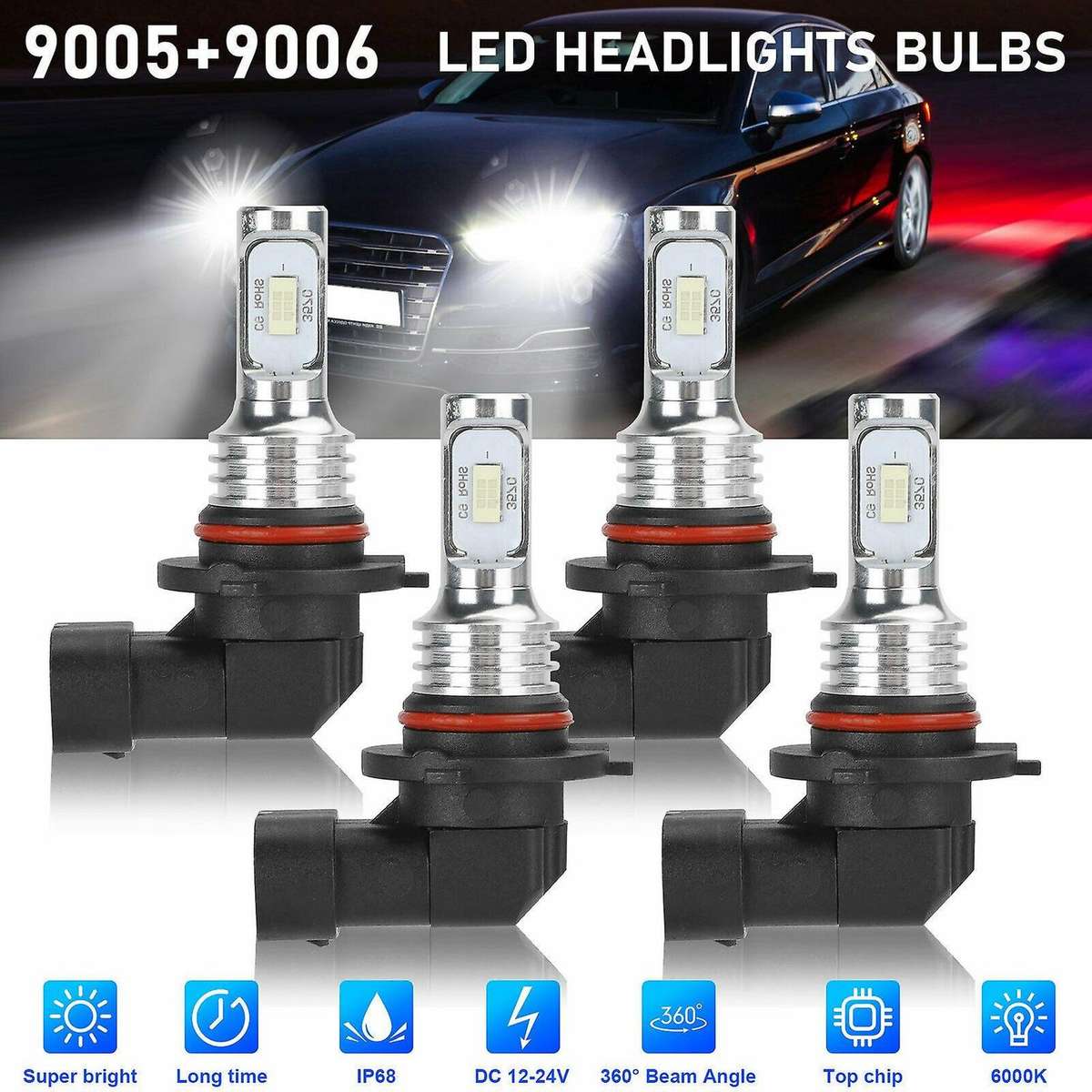 4X 9005 9006 Super White 6000K Combo LED Headlight Kit High Low Beam Fog Bulbs