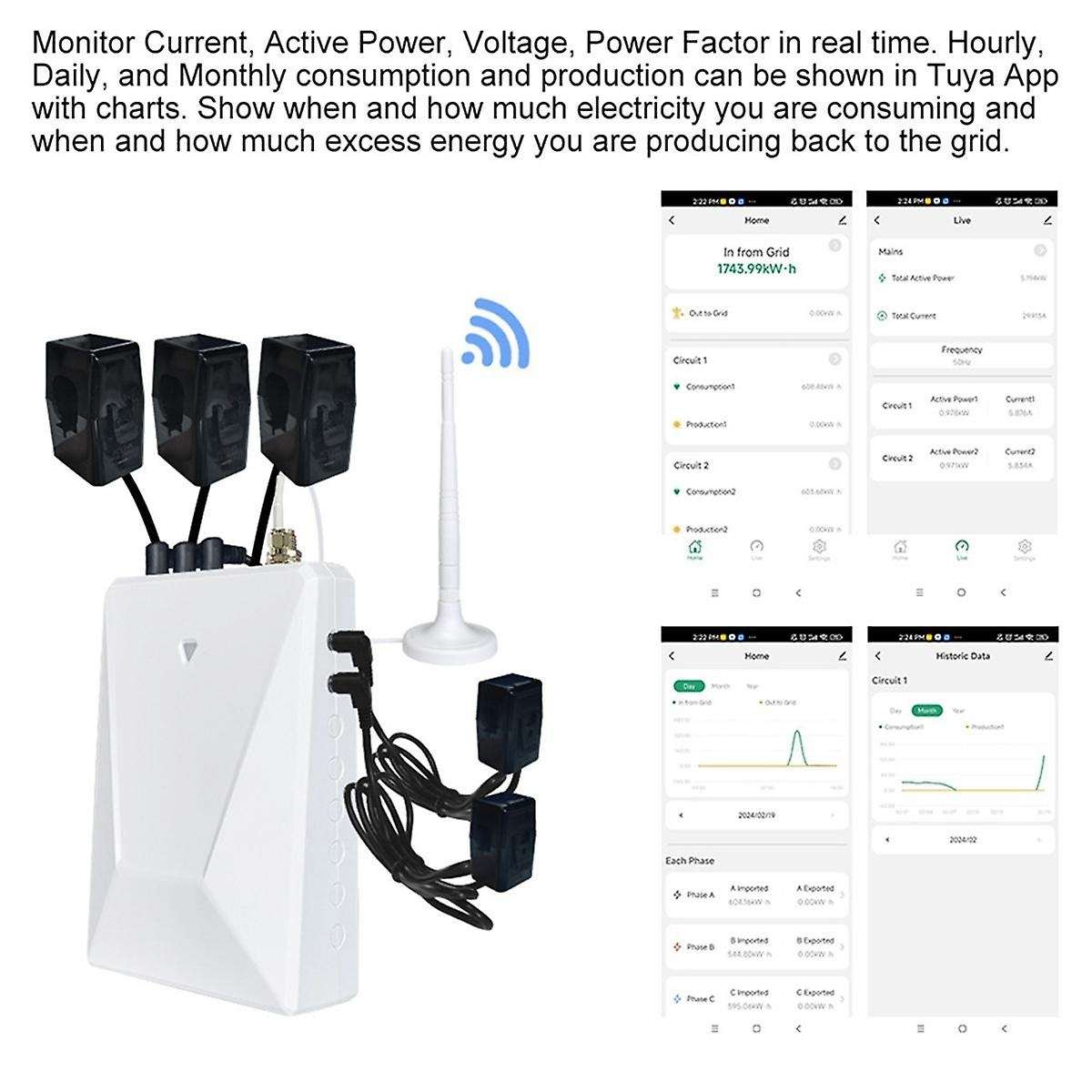 Graffiti Smart Life WIFI 3-Phase 4-Wire Electricity Meter with 5 Transformer Portable Real-Time Powe