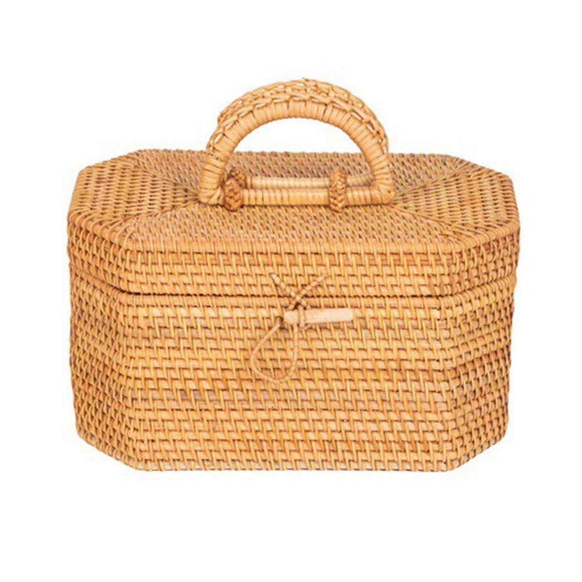 Handwoven Rattan Storage Box with Handle Tea Food Container Picnic Bread Fruit Basket Ornament Box K