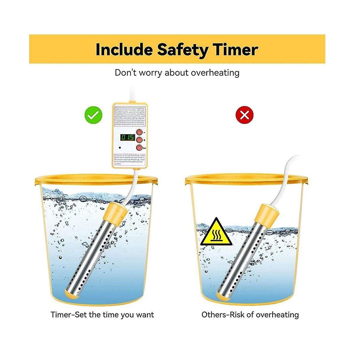 Immersion Water Heater, 1500w Electric Submersible Water Heater with Timer, Stainless Steel Cover E