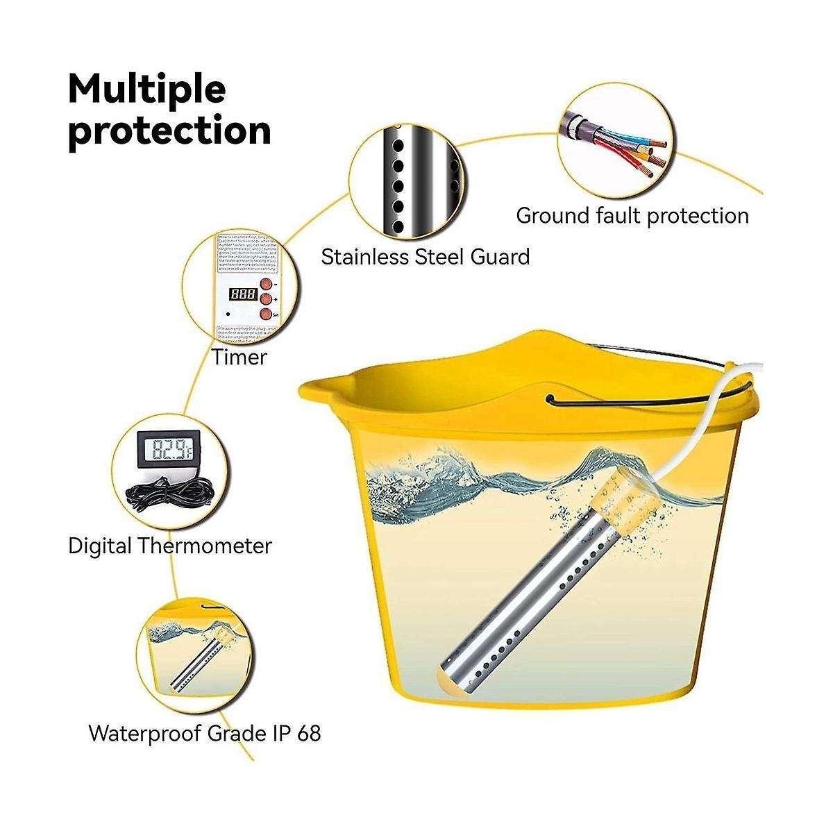 Immersion Water Heater, 1500w Electric Submersible Water Heater with Timer, Stainless Steel Cover E