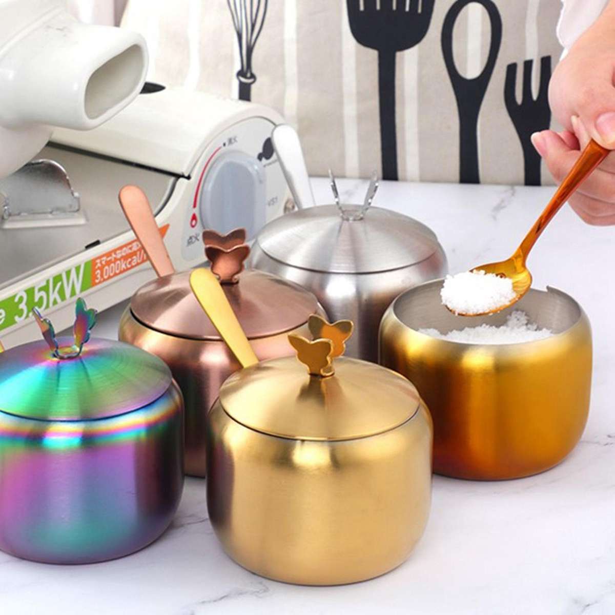 Kitchen Stainless Seasoning Condiment Pot Large Diameter Spice Salt Sugar Container Jar Tool with Li