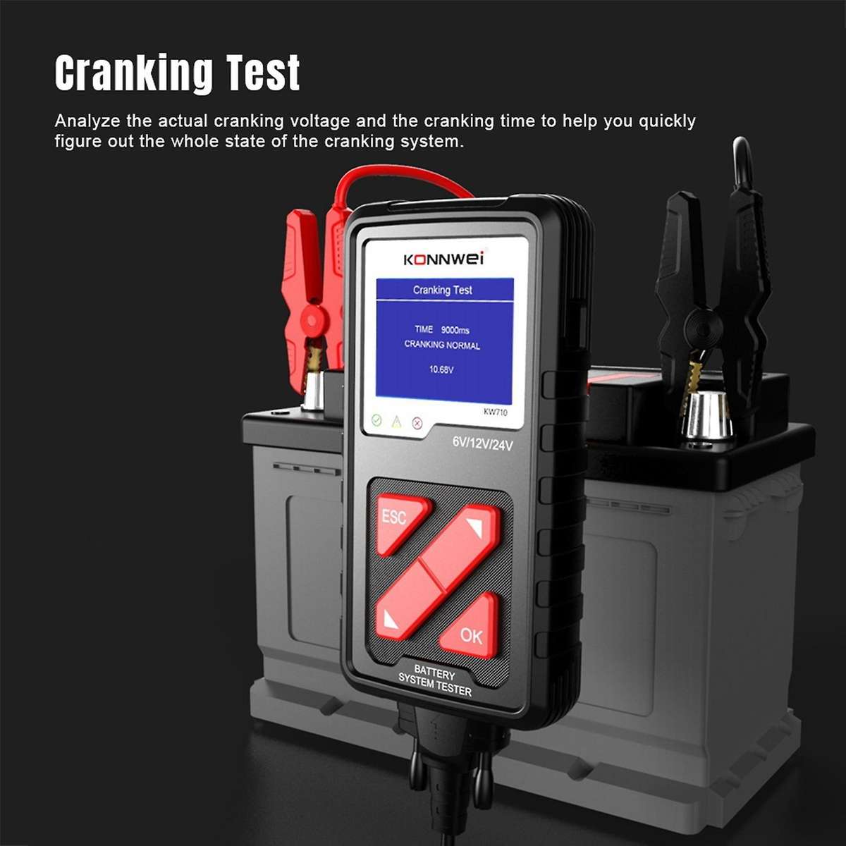 KW710 6-36V Car Battery Tester 100-2000CCA Battery Load Tester 3.2Inch Screen Cranking and Charging