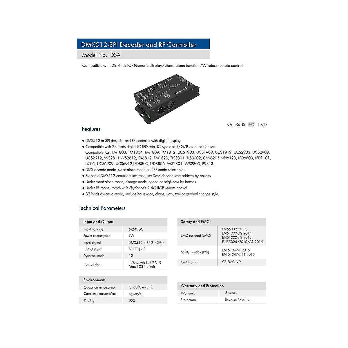 Led Dmx512 to Spi Decoder Dmx Converter 1024 Dots Ttl Pixel Controller Support 6803/8806/2811/ 2812/