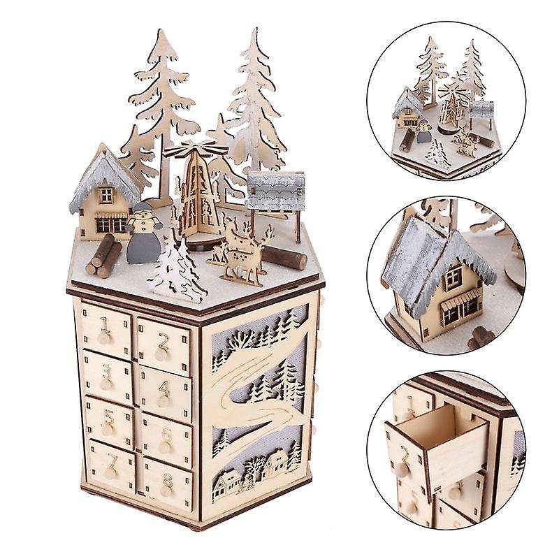 Led Revolving Music Box Calendar Decorated with Led Lights Wooden Carved 24 Day Countdown to Christm