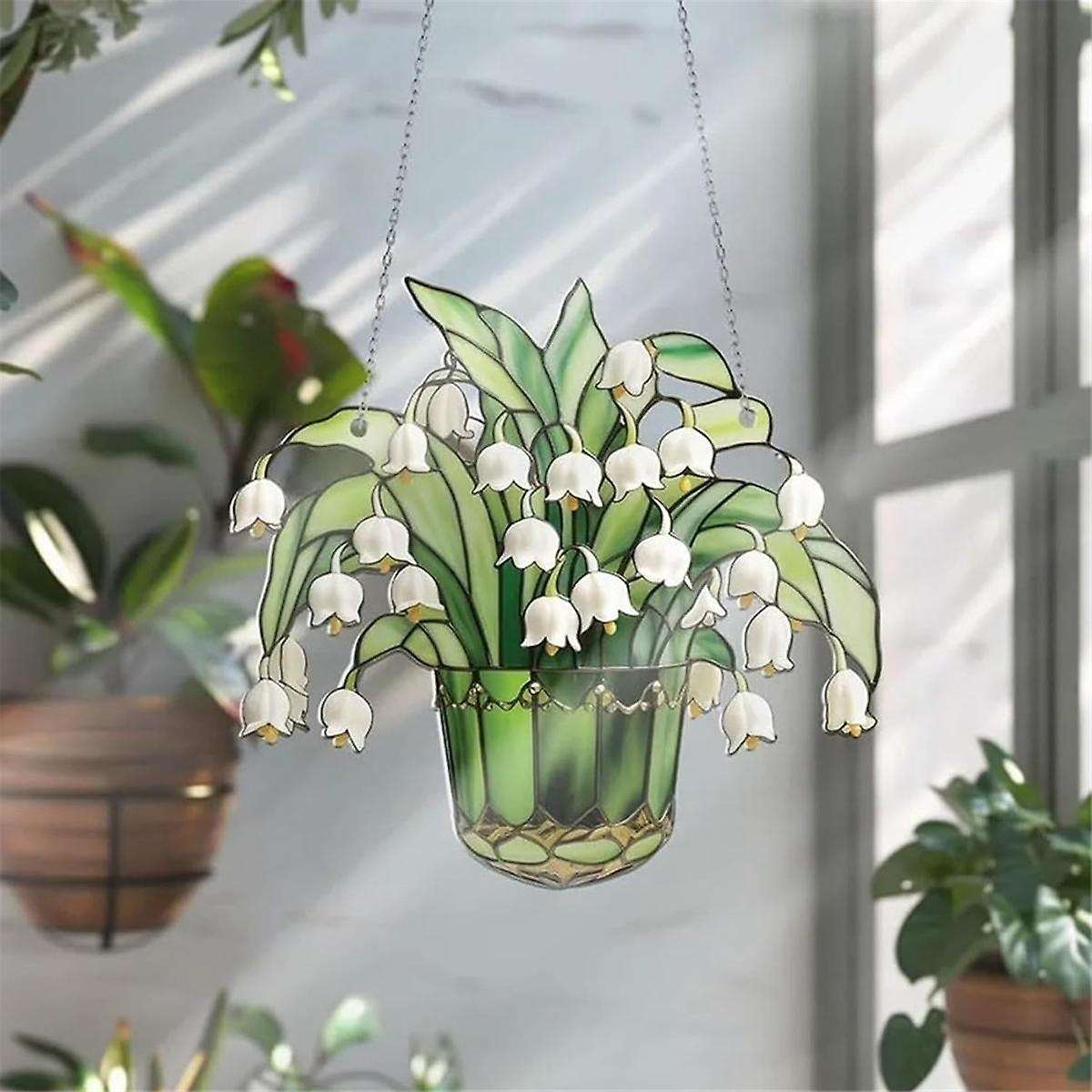 Lily of Valley Suncatcher, Stained Lily Flowers Glass Window Hanging Home Decor, Stained Glass 2pcs