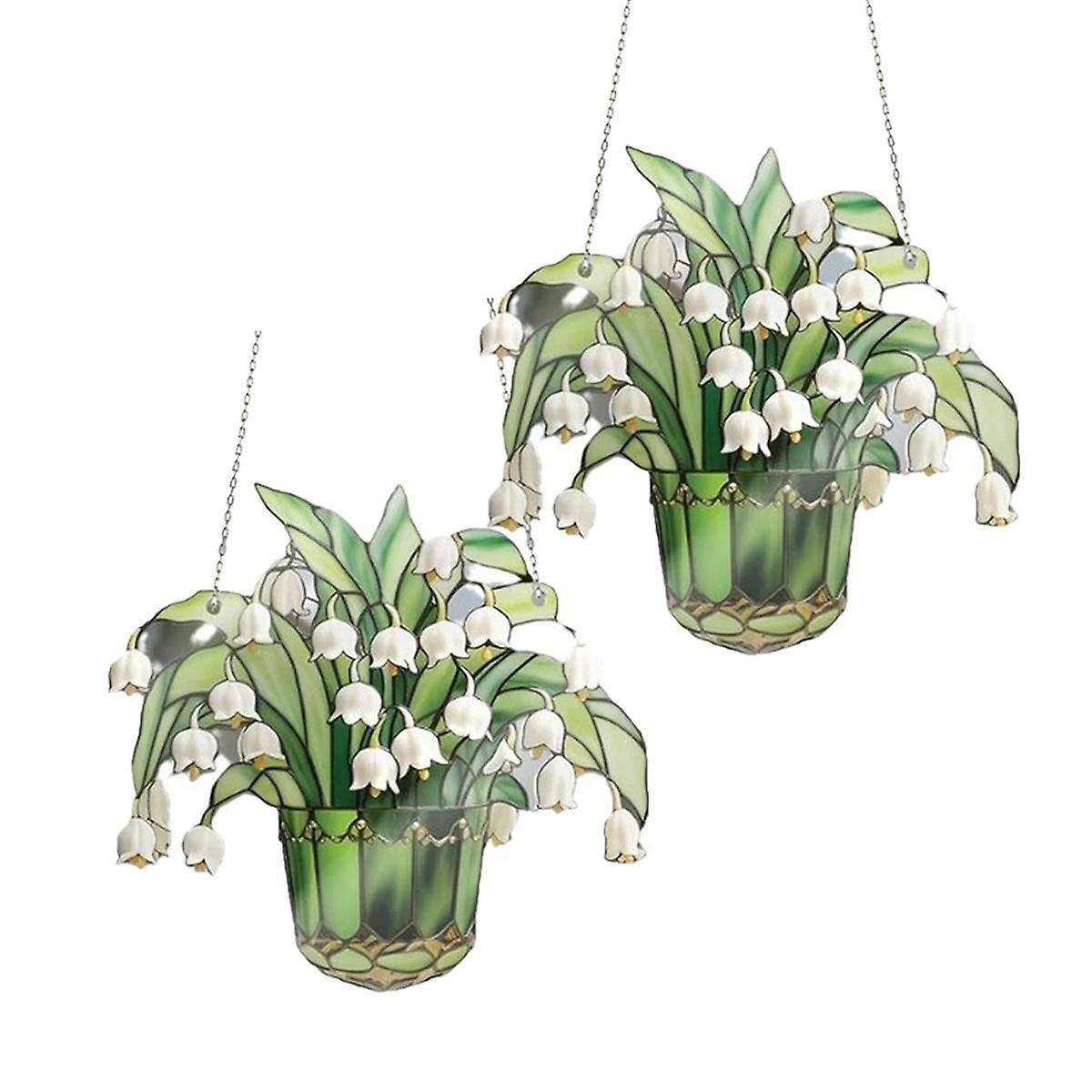 Lily of Valley Suncatcher, Stained Lily Flowers Glass Window Hanging Home Decor, Stained Glass 2pcs