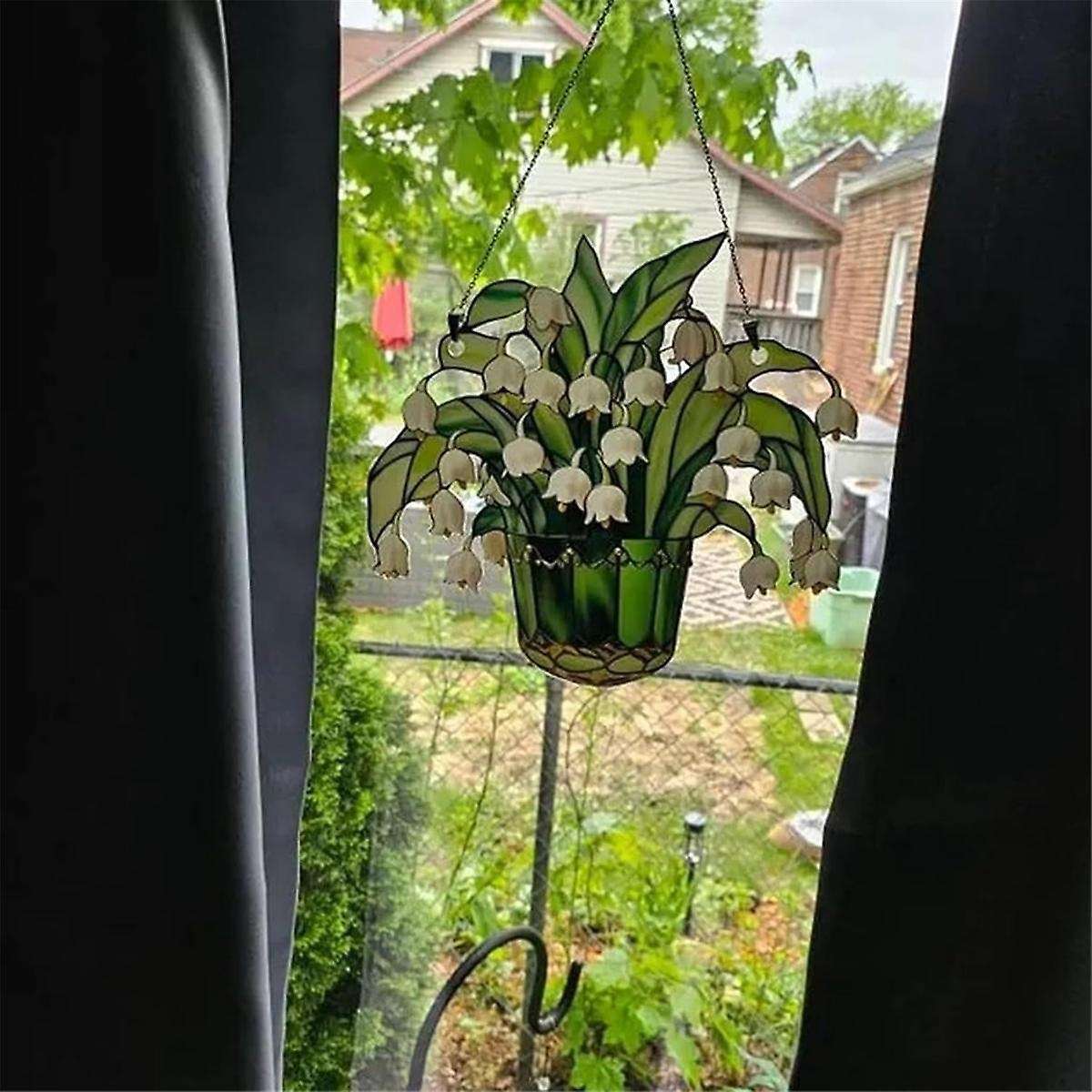 Lily of Valley Suncatcher, Stained Lily Flowers Glass Window Hanging Home Decor, Stained Glass 2pcs