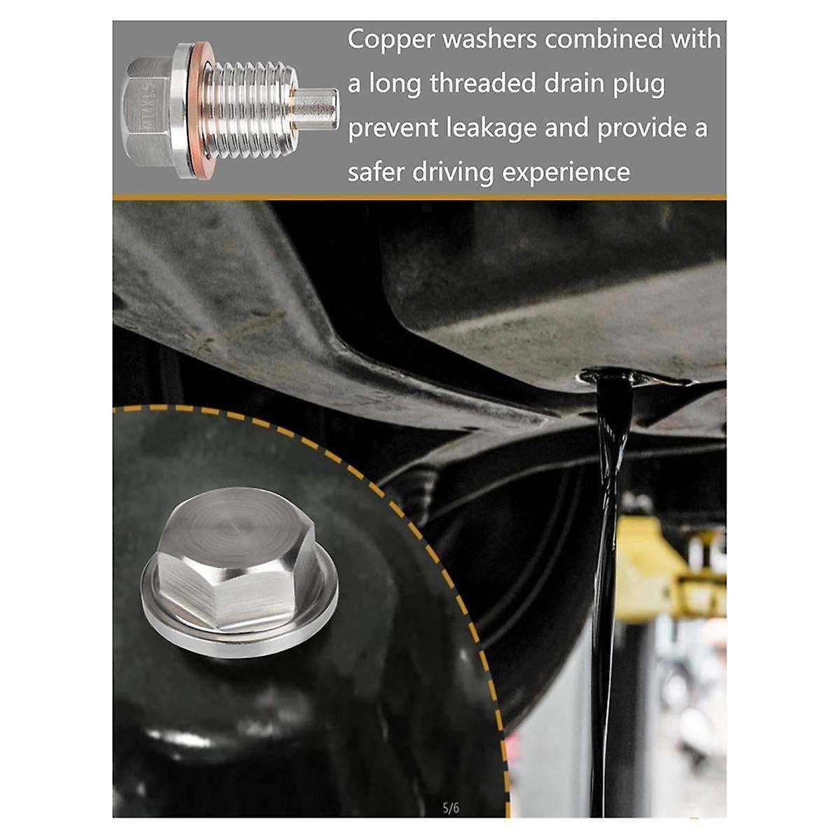 Magnetic Oil Drain Plug M14 X 1.5MM 2 PCS, Stainless Steel Engine Oil Drain Plugs with 2 Pcs Copper