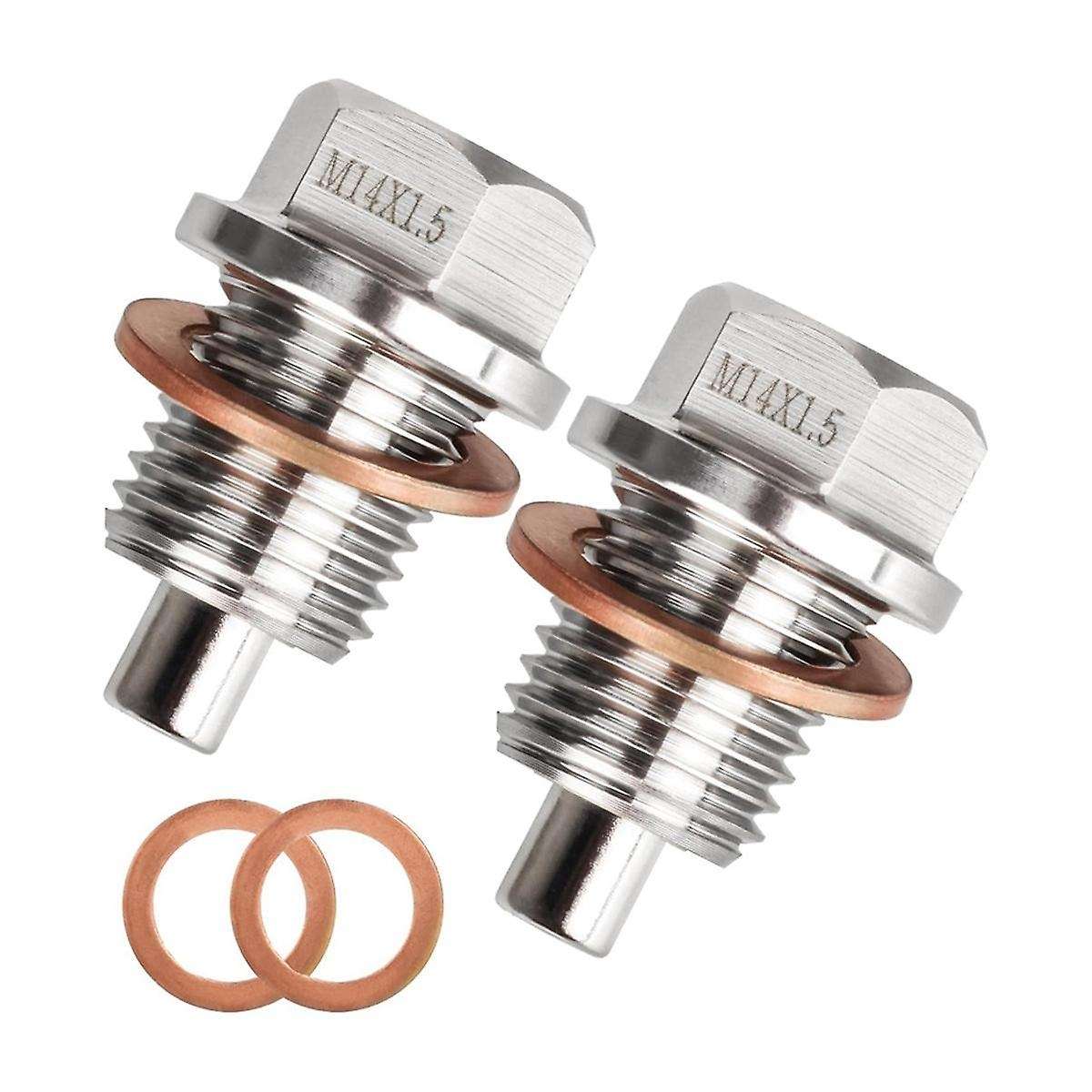 Magnetic Oil Drain Plug M14 X 1.5MM 2 PCS, Stainless Steel Engine Oil Drain Plugs with 2 Pcs Copper