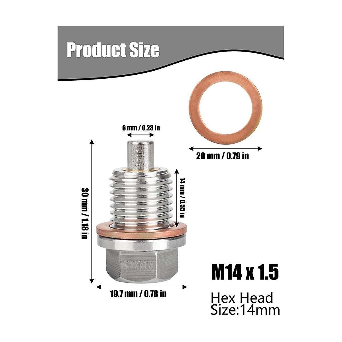 Magnetic Oil Drain Plug M14 X 1.5MM 2 PCS, Stainless Steel Engine Oil Drain Plugs with 2 Pcs Copper