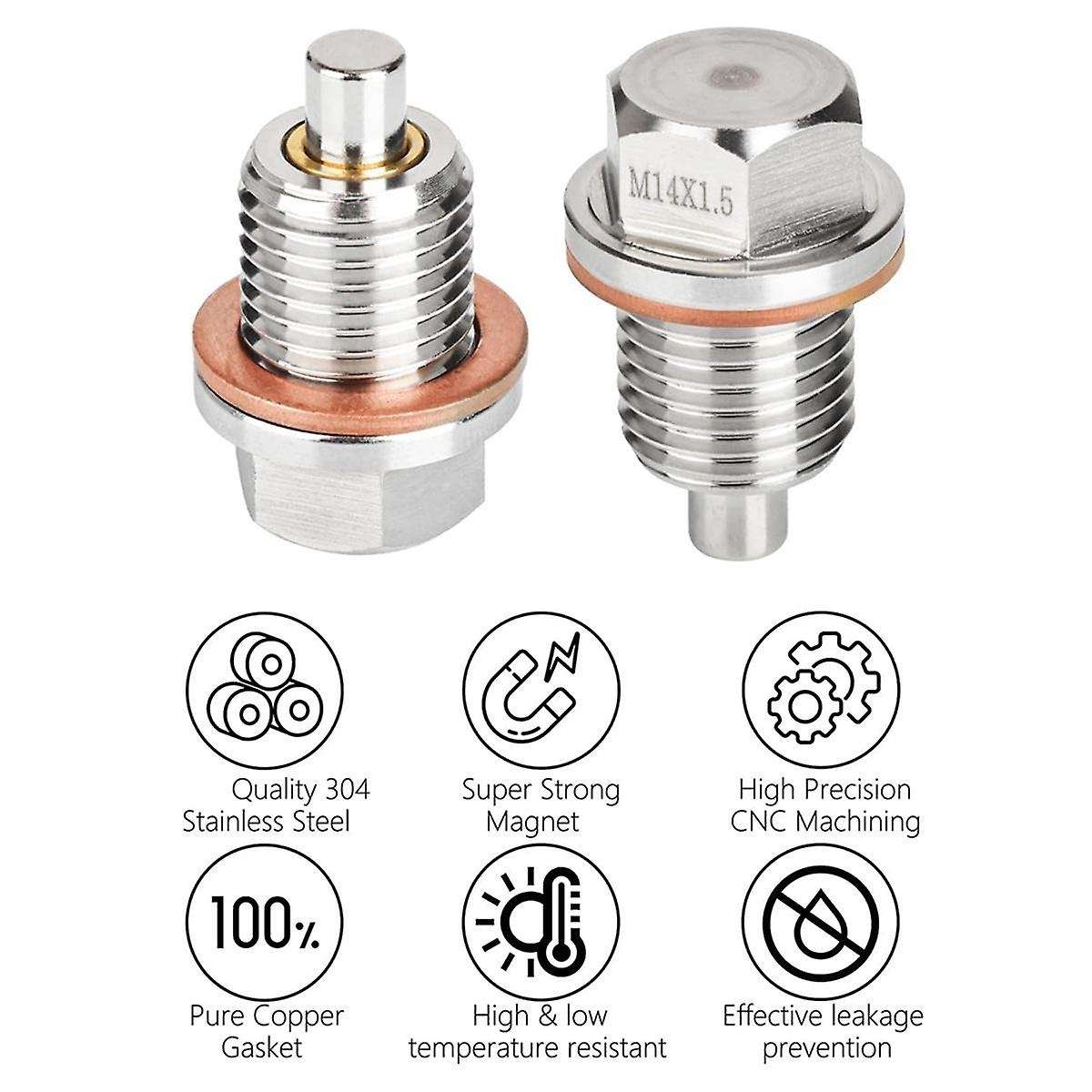 Magnetic Oil Drain Plug M14 X 1.5MM 2 PCS, Stainless Steel Engine Oil Drain Plugs with 2 Pcs Copper