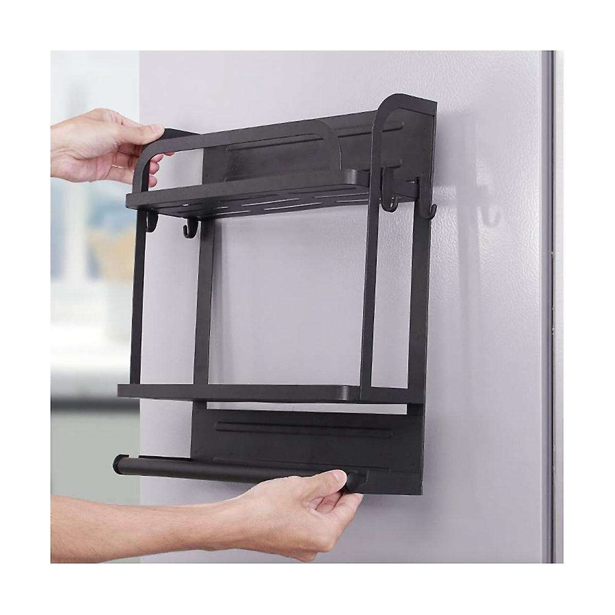Magnetic Spice Rack Organizer 2 Tier Refrigerator Storage Shelf with Paper Towel Holder and Removabl