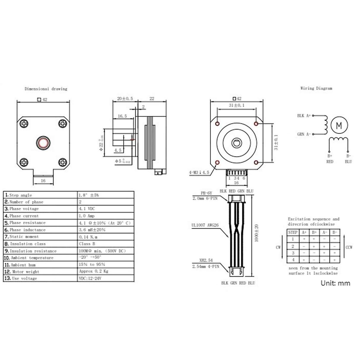 Stepper Motor 17hs4023 1.8deg 1a 0.14n.m , Xh2.54 4pin Wire