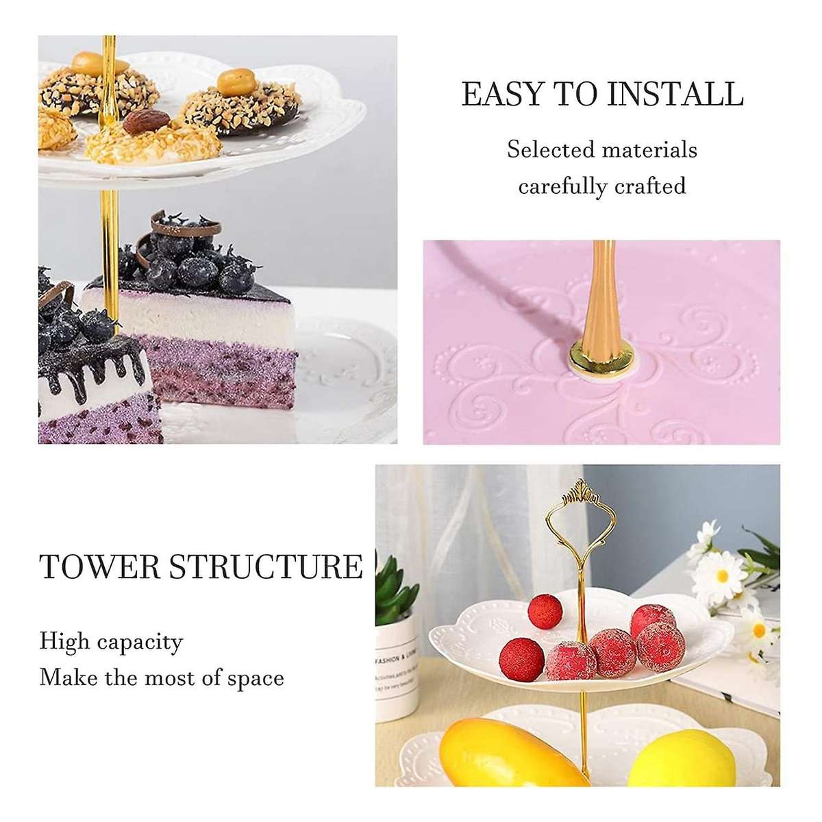 2 Pcs Round 3-tier White Stand Dessert Plates Stand for Family Party