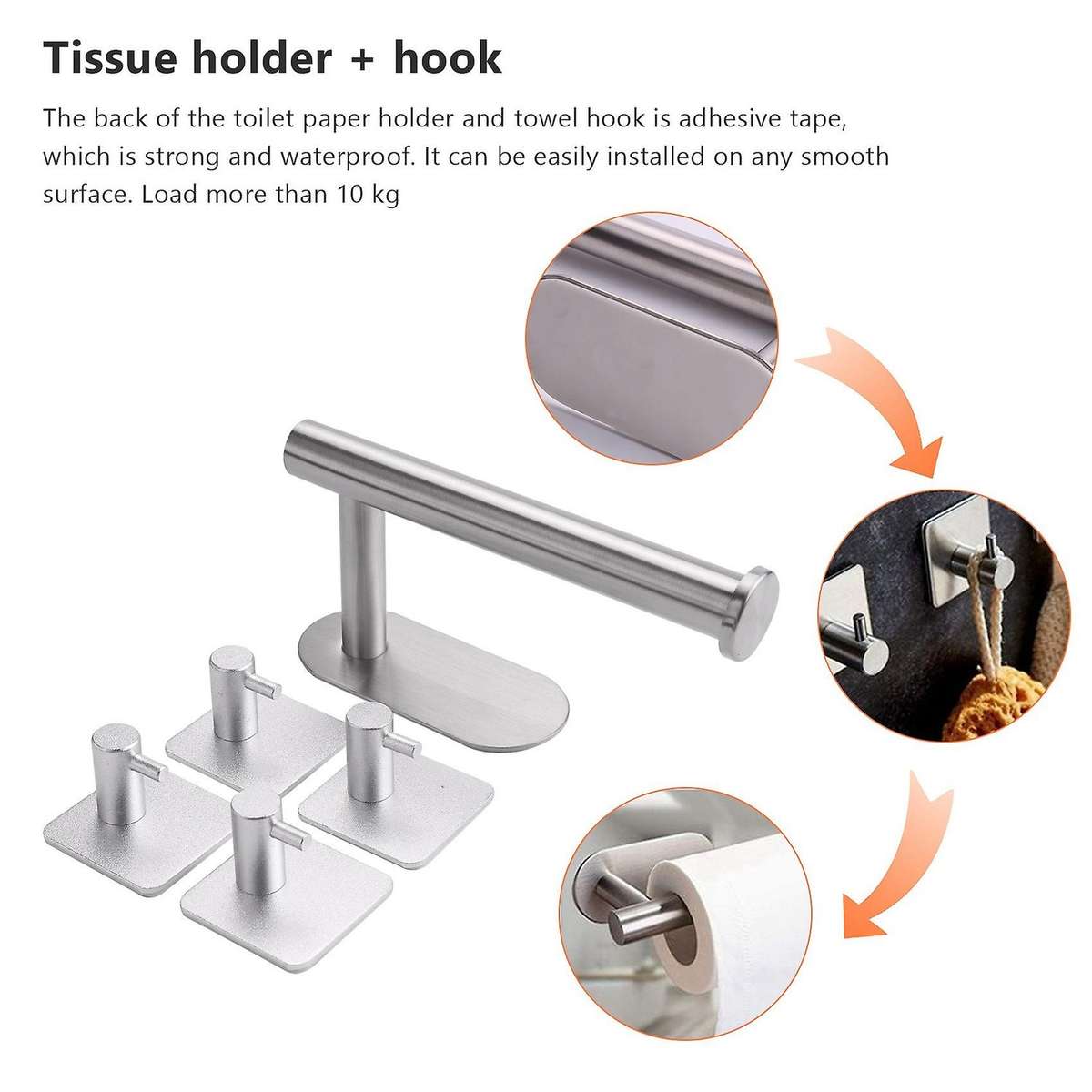 Self Adhesive Toilet Roll Holder,4 Adhesive Hooks,no Drilling Silver