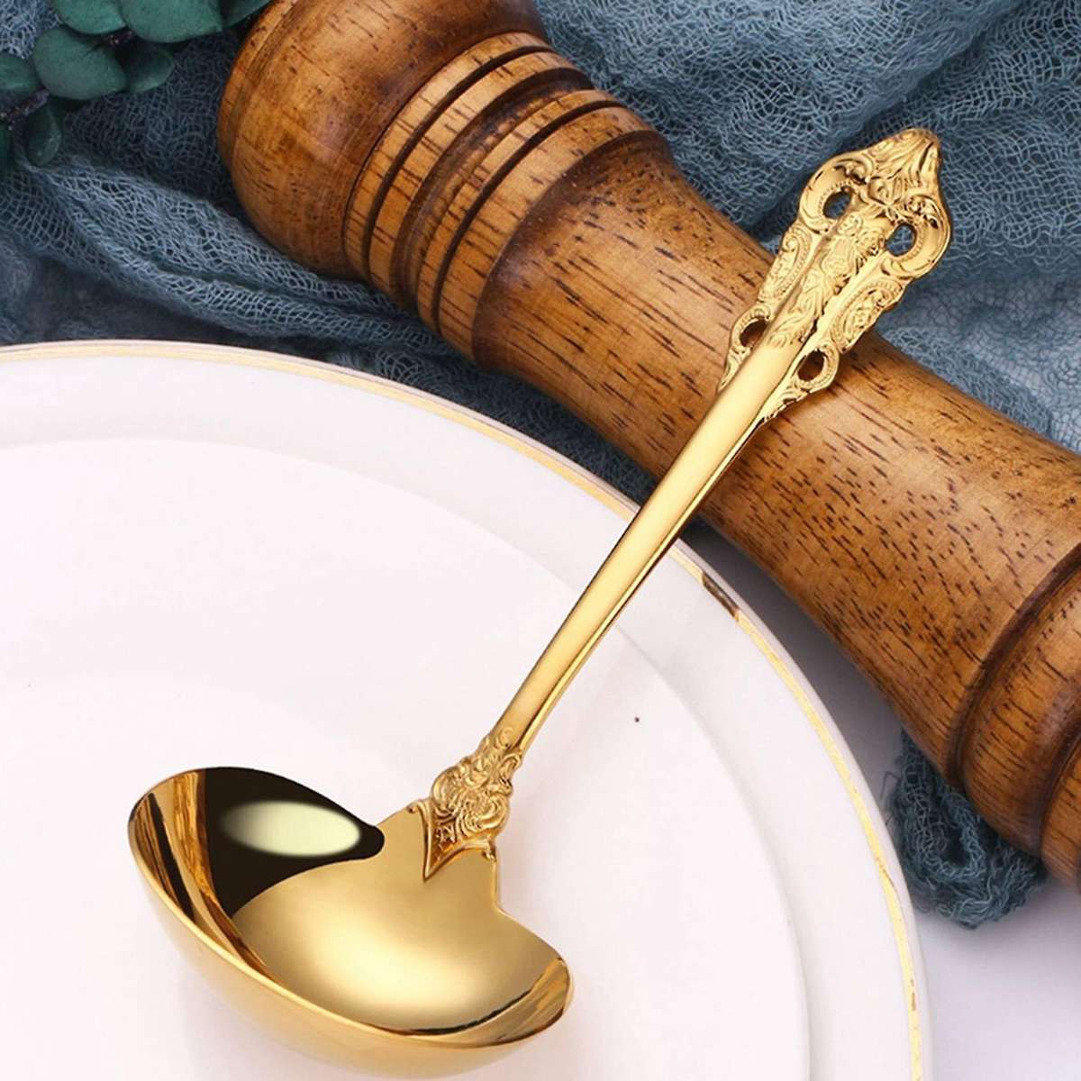 304 Stainless Steel Soup Ladle Cooking Tool Kitchen Gold Plated Spoon