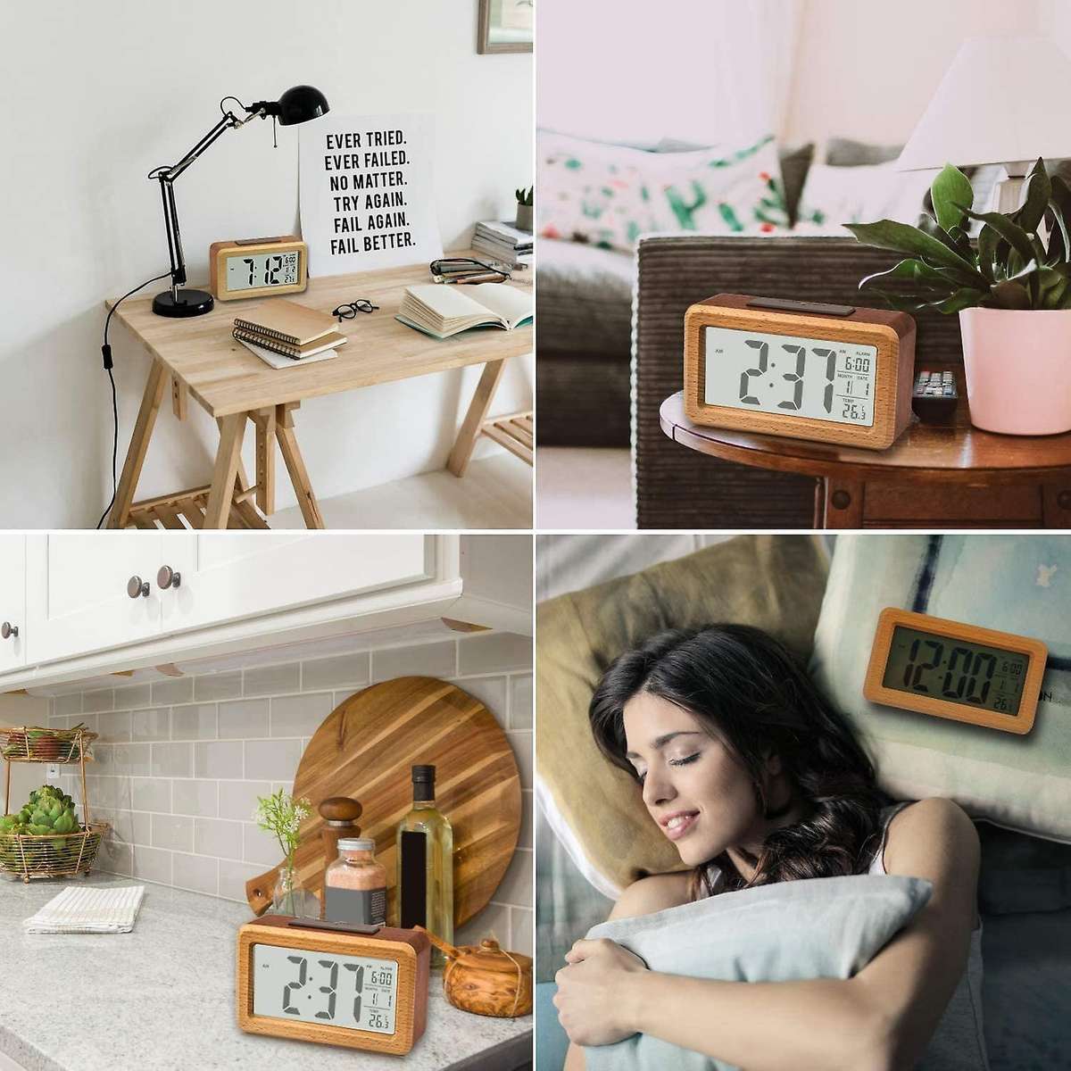 Wooden Large Led Digital Alarm Clock, with Snooze, 12/24hr Switchable