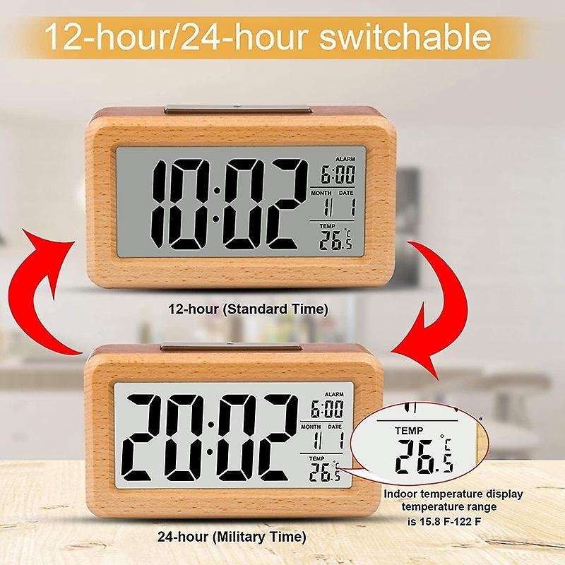 Wooden Large Led Digital Alarm Clock, with Snooze, 12/24hr Switchable