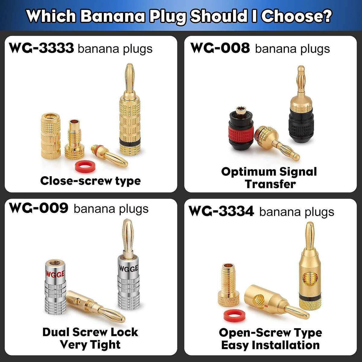 Wg-3333 24k Gold Plated Banana Plugs-screw Type, 10 Red + 10 Black