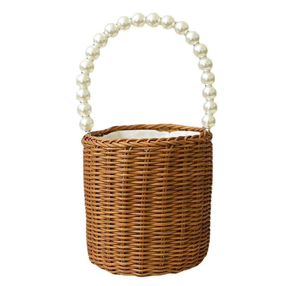Flower Girl Woven Flower Basket Pearl Handle for Wedding Ceremony, B
