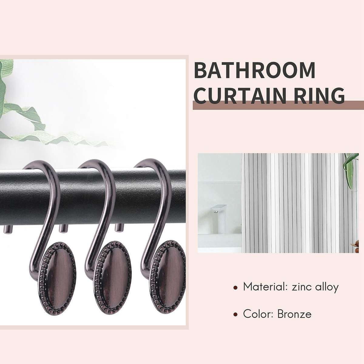 12pcs Metal Shower Curtain Hooks, Oil-rubbed Rustproof for Bathroom