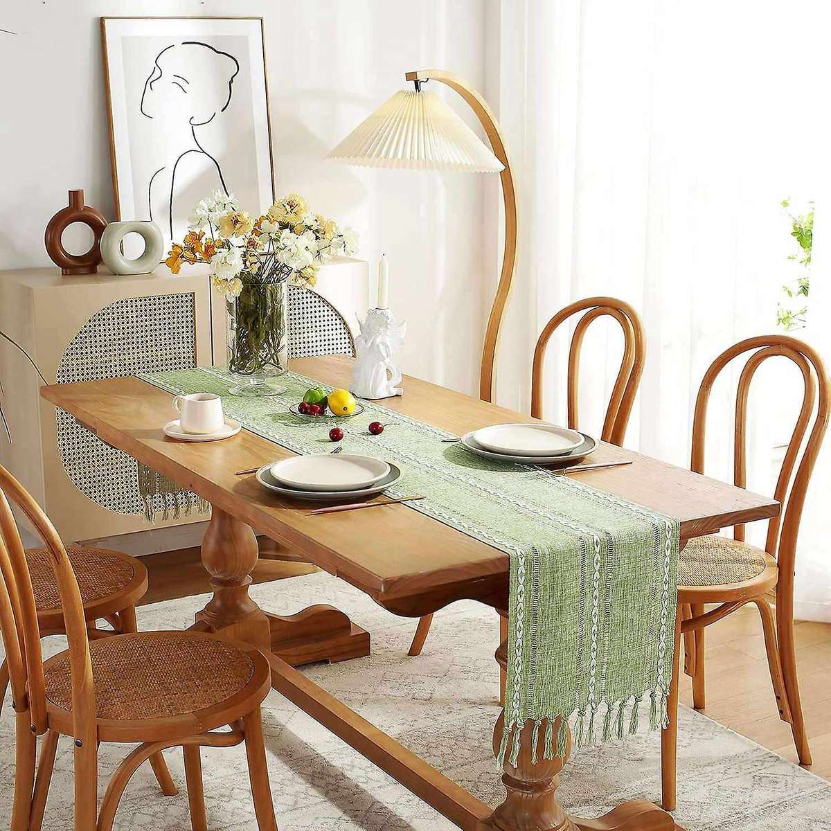 Rustic Linen Table Runner with Handmade Tassel,hemstitched Embroidery