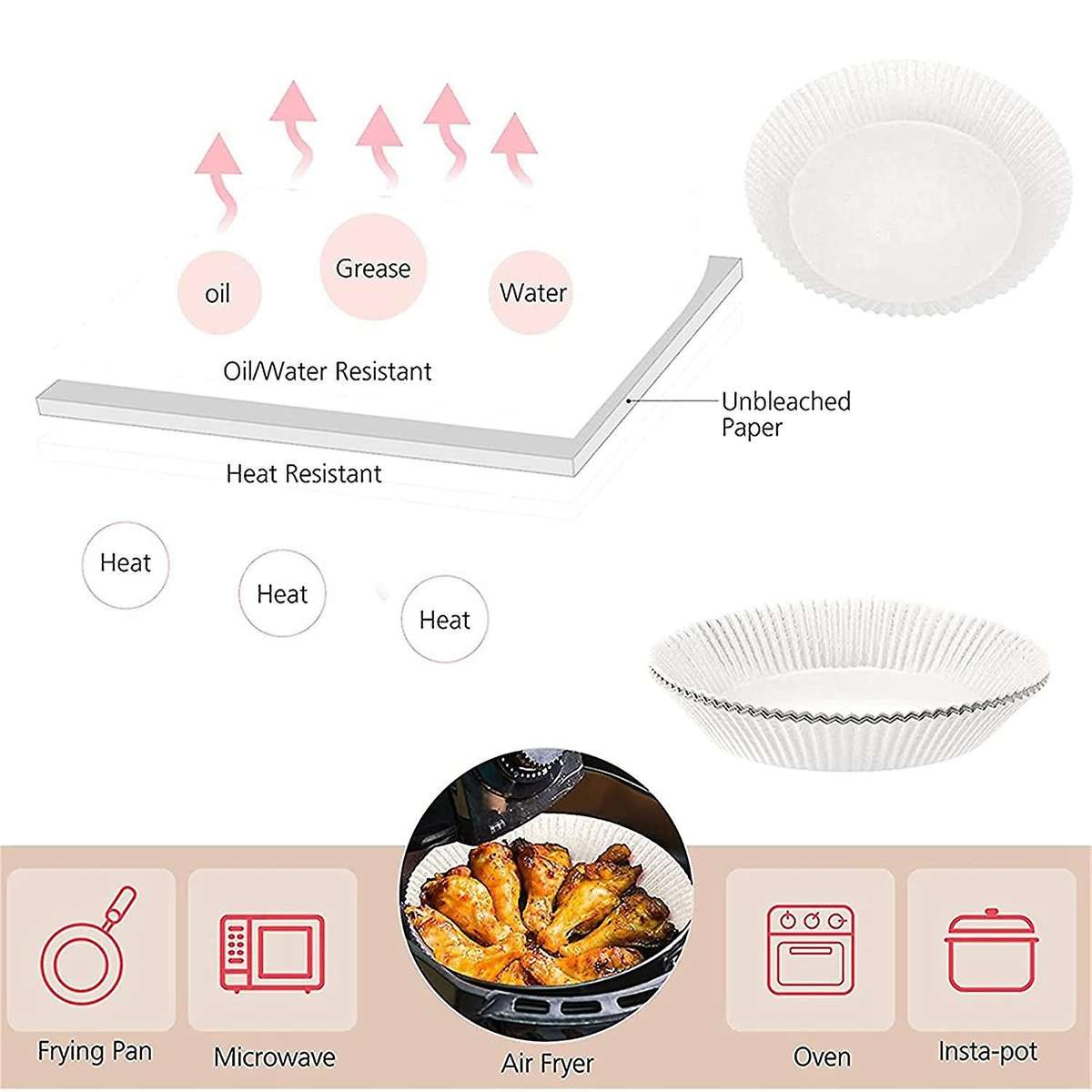 100 Pcs Air Fryer Disposable Paper Liner Non-stick with 1 Brush