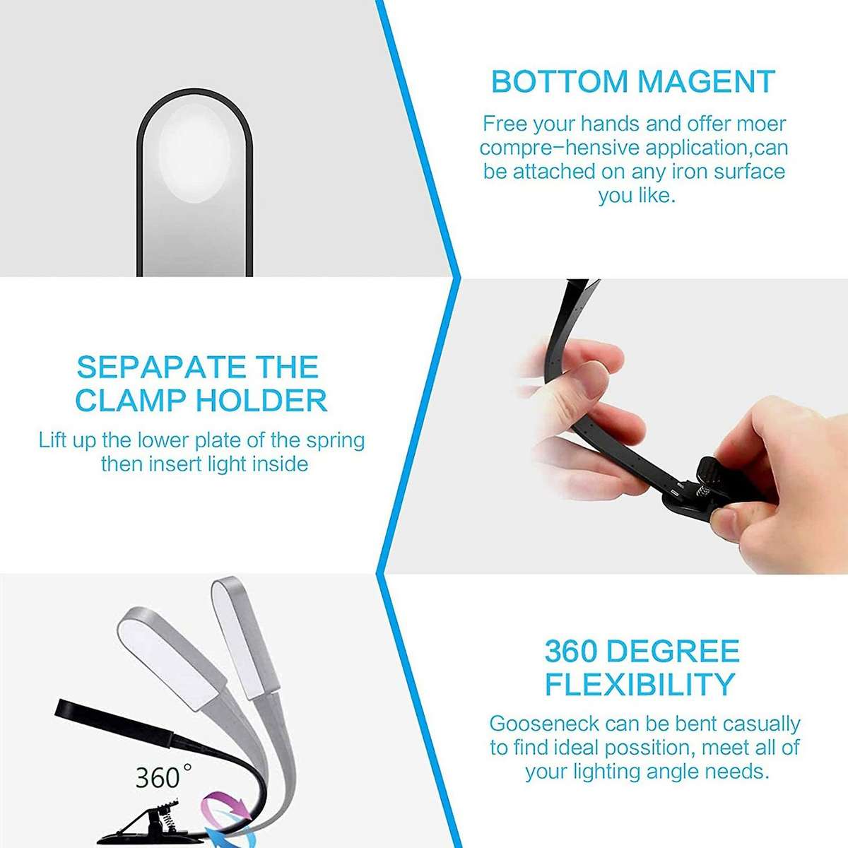 Usb Rechargeable Reading Light with Contact Sensor,clip On Book Light