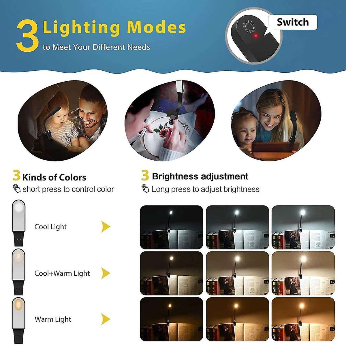 Usb Rechargeable Reading Light with Contact Sensor,clip On Book Light