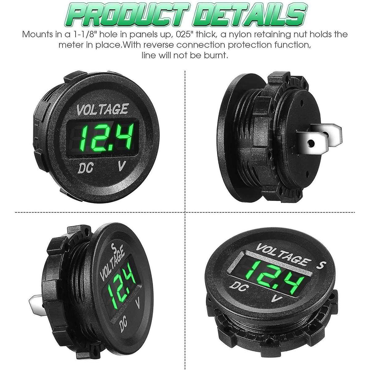 4xdc 12v Car Voltage Display Led Display Voltmeter Monitor -green