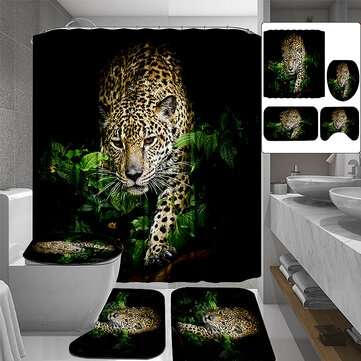 3D Leopard Pattern Shower Curtain Anti-slip Bath Mat Toilet Pad Set Toilet P... (TYPE: 3PCSFLOORMAT)