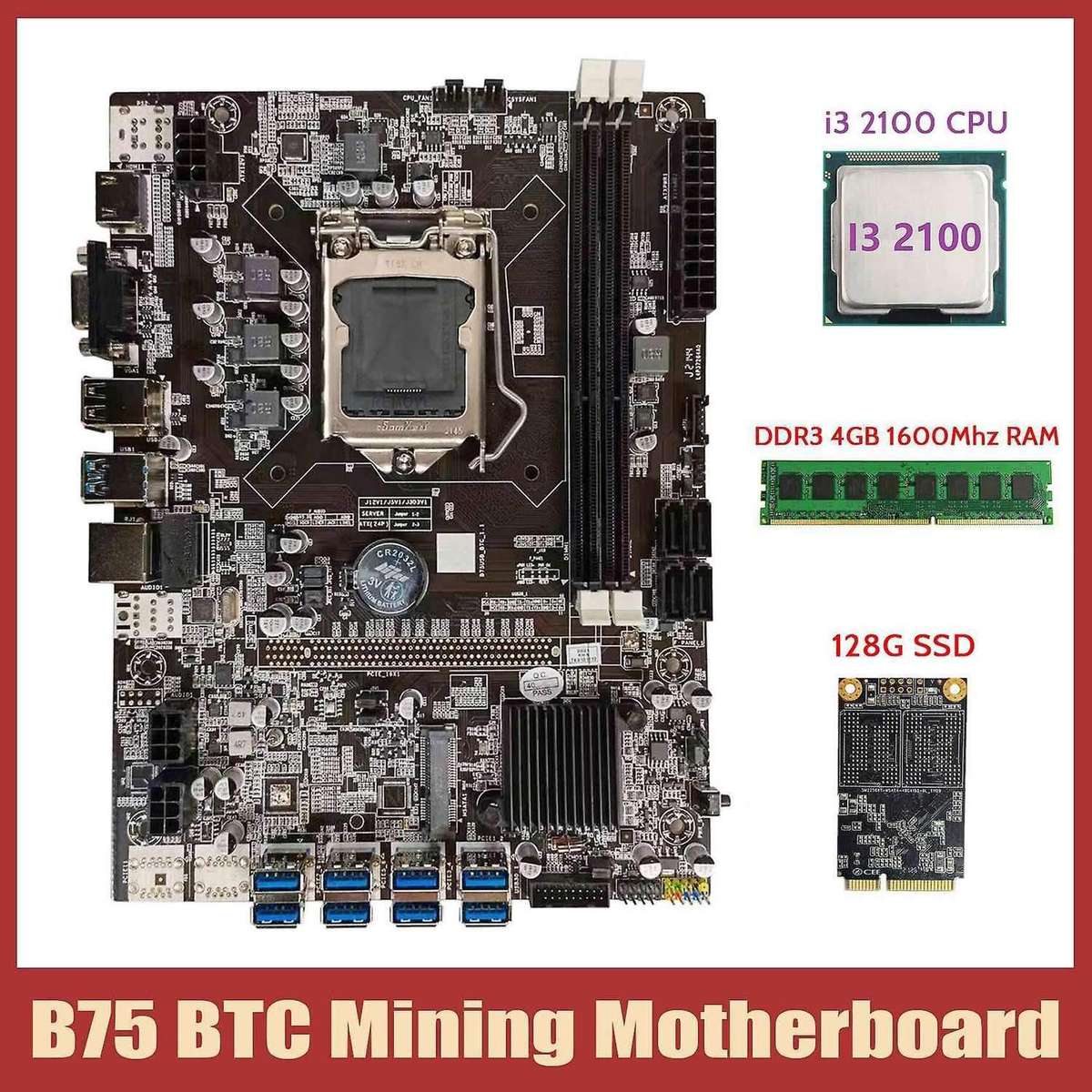Btc B75 Motherboard+i3 2100 Cpu+ddr3 4gb 1600mhz Ram+128g Msata Ssd