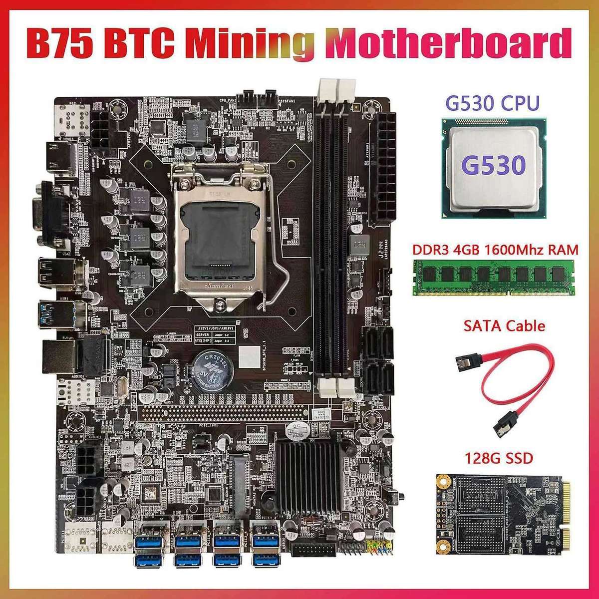 B75 Usb Btc Mining Motherboard+g530 Cpu+ddr3 4gb 1600mhz Ram+128g Ssd