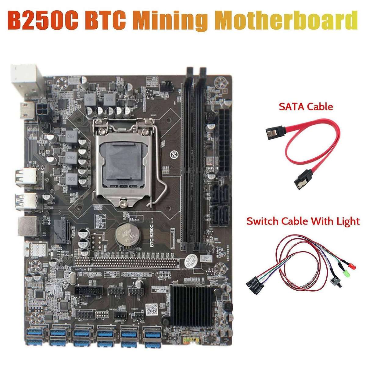 B250c Miner Motherboard+switch Cable with Light+sata Cable