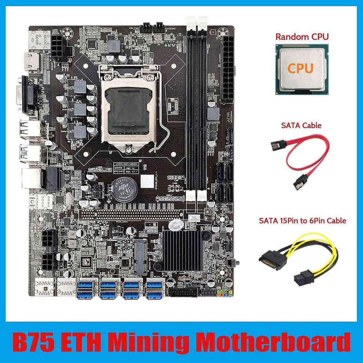B75 Eth Motherboard 8xpcie Usb Adapter+cpu+sata 15pin to 6pin Cable