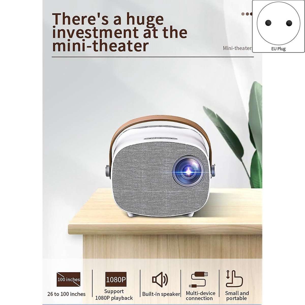 Mini Portable Projector Built-in Hifi Speakers 1080p Color-eu Plug