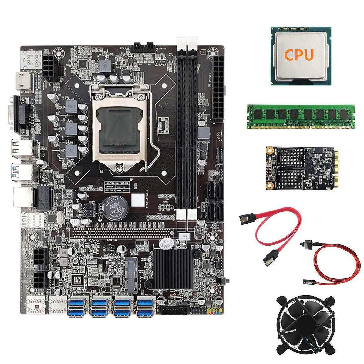 B75 Btc Mining Motherboard+cpu+fan+ddr3 4gb 1600mhz Ram+128g Ssd