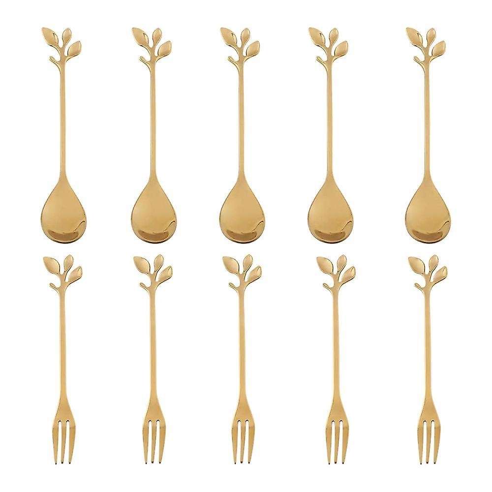 5spoon+5forks Stainless Steel Leaf Spoon Fork Dessert Spoons, Golden