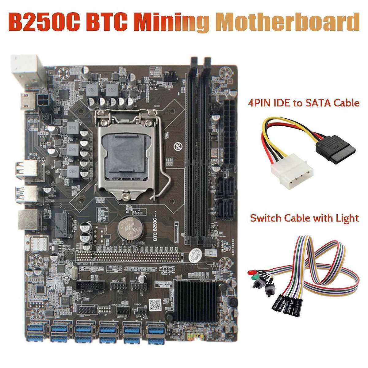 B250c Miner Motherboard+dual Switch Cable with 4pin Ide to Sata Cable