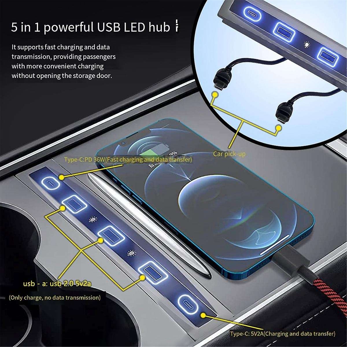 5 in 1 Docking Station 36W Quick Charger USB Shunt Hub Car Adapter Powered Splitter with LED Light