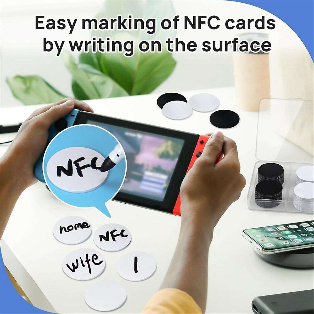 50PCS NFC Sticker Tags, NFC Cards with Adhesive Backing, Round Rewritable NFC Card, 504 Bytes Memory