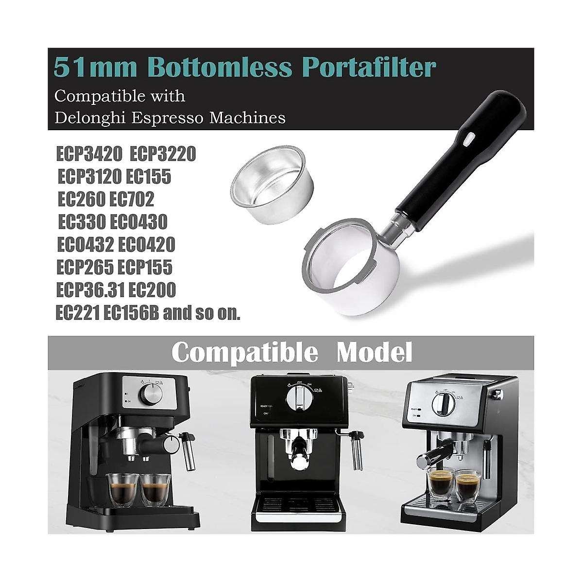 51mm Bottomless Portafilter 2 Ears for Ecp3420/ec155/bco430/ec260, Espresso Portafilter