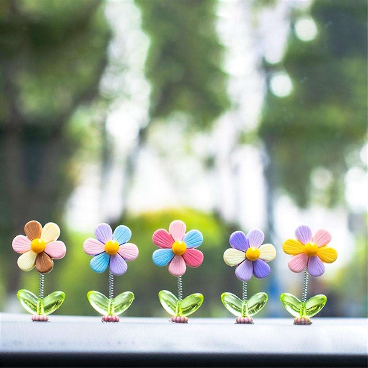 5Pcs Car Dashboard Rainbow Flower Ornaments Shaking Dancing Flower Cartoon Ornament Car Interior Cut