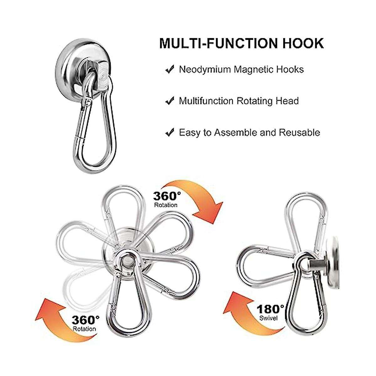 6 Pack Magnetic Hooks,heavy Duty Neodymium Magnetic Hooks with Swivel Carabiner Hook,silver